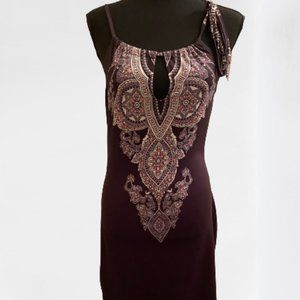 Tribal Pattern Spaghetti Straps Keyhole Neck Brown/Cream/Pink Dress